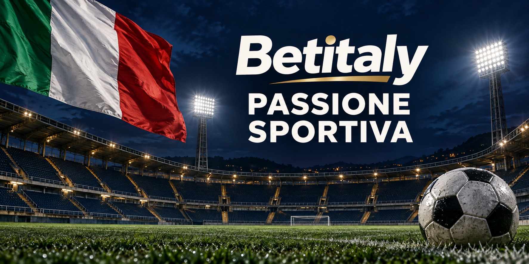 Betitaly — Passione sportiva. Stadio illuminato, pallone e bandiera italiana.