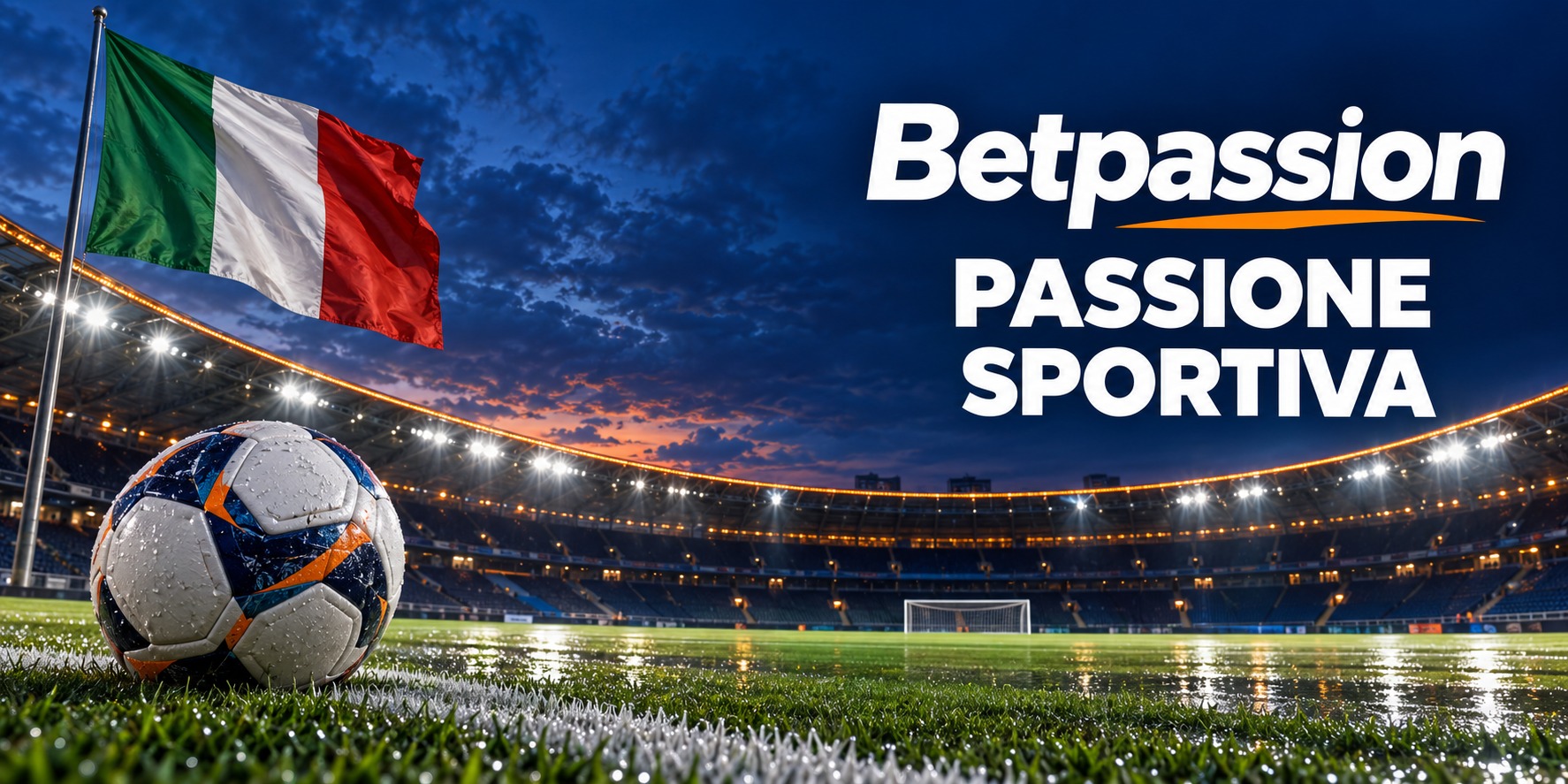 Betpassion — Passione sportiva. Stadio illuminato, pallone e bandiera italiana.