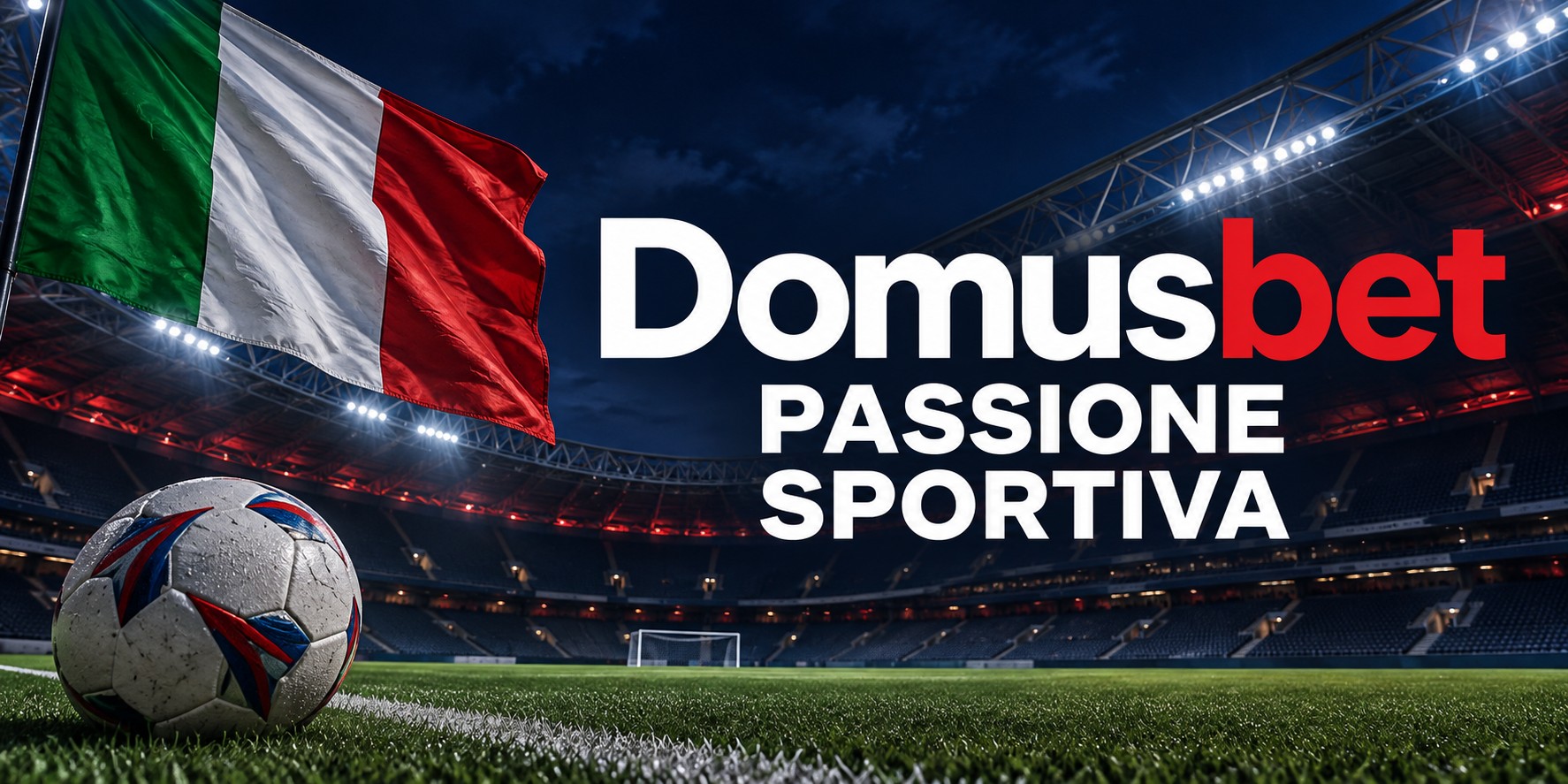 Domusbet — Passione sportiva. Stadio illuminato, pallone e bandiera italiana.