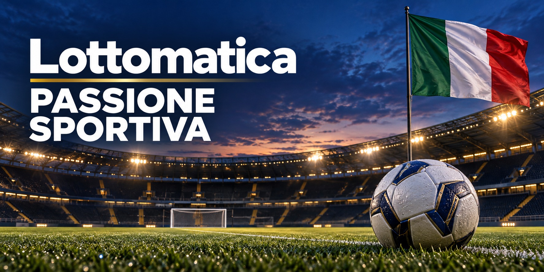 Lottomatica — Passione sportiva. Stadio illuminato, pallone e bandiera italiana.