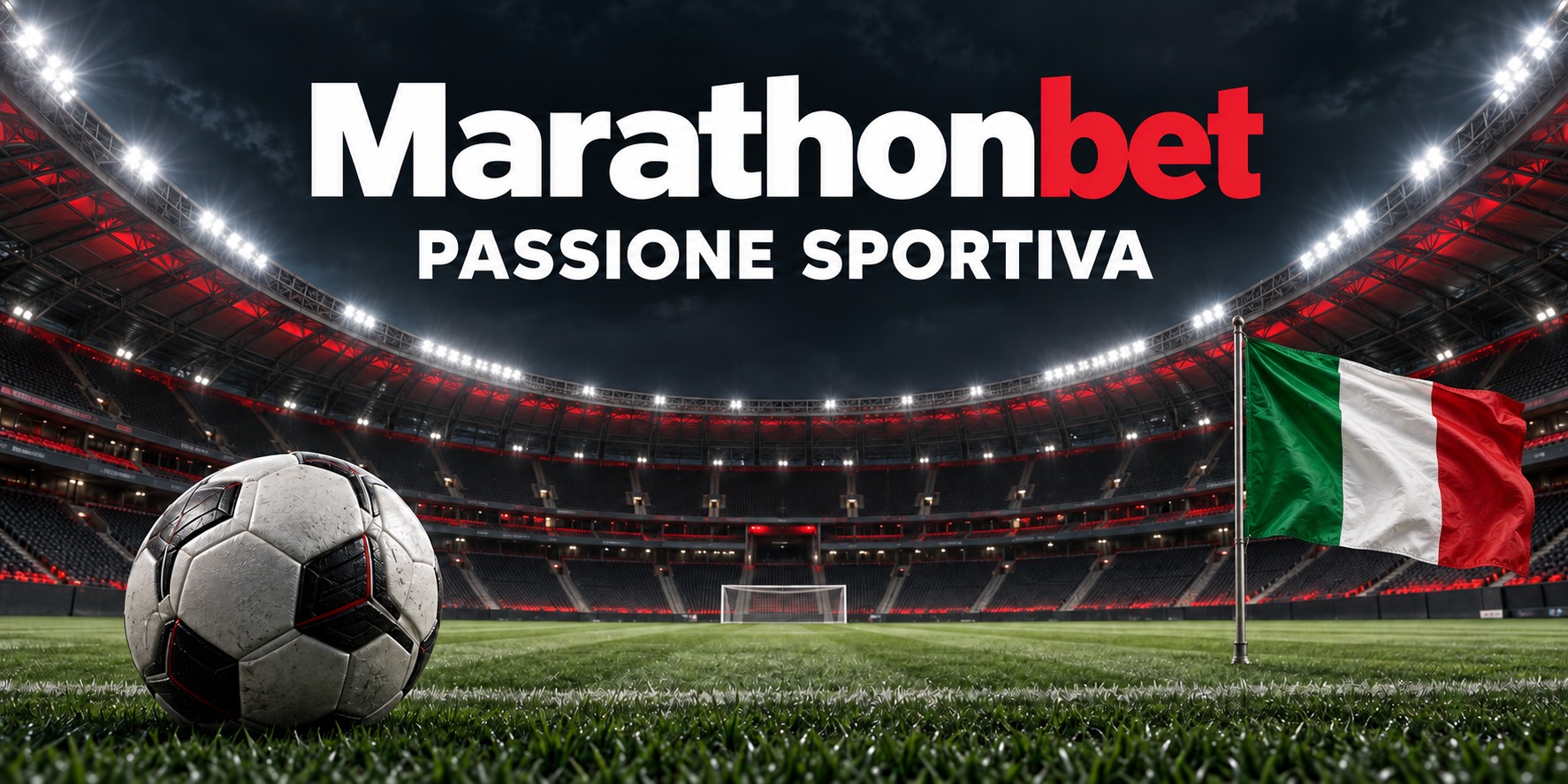 Marathonbet — Passione sportiva. Stadio illuminato, pallone e bandiera italiana.