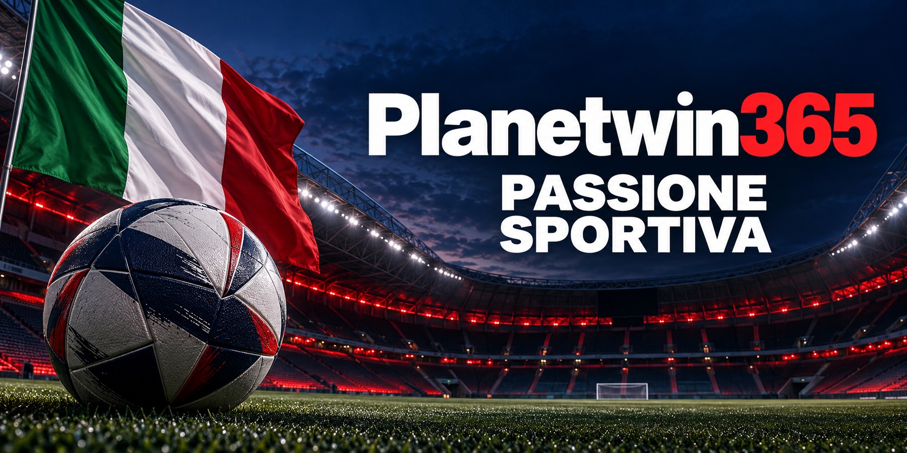 Planetwin365 — Passione sportiva. Stadio illuminato, pallone e bandiera italiana.