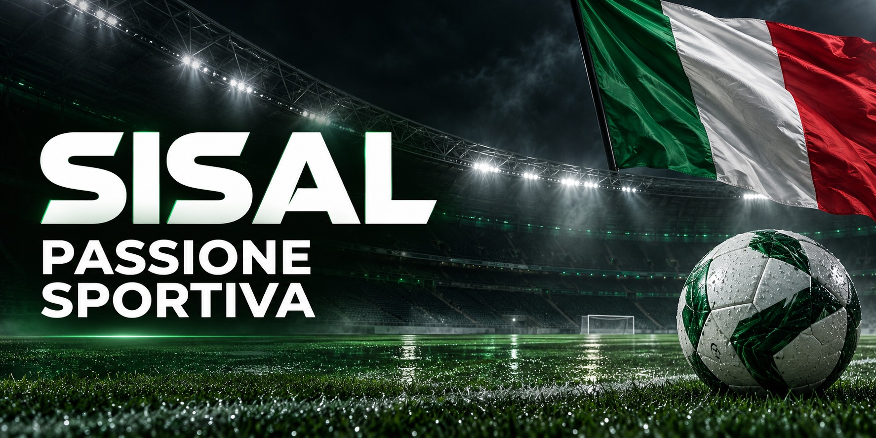 SISAL — Passione sportiva. Stadio illuminato, pallone e bandiera italiana.