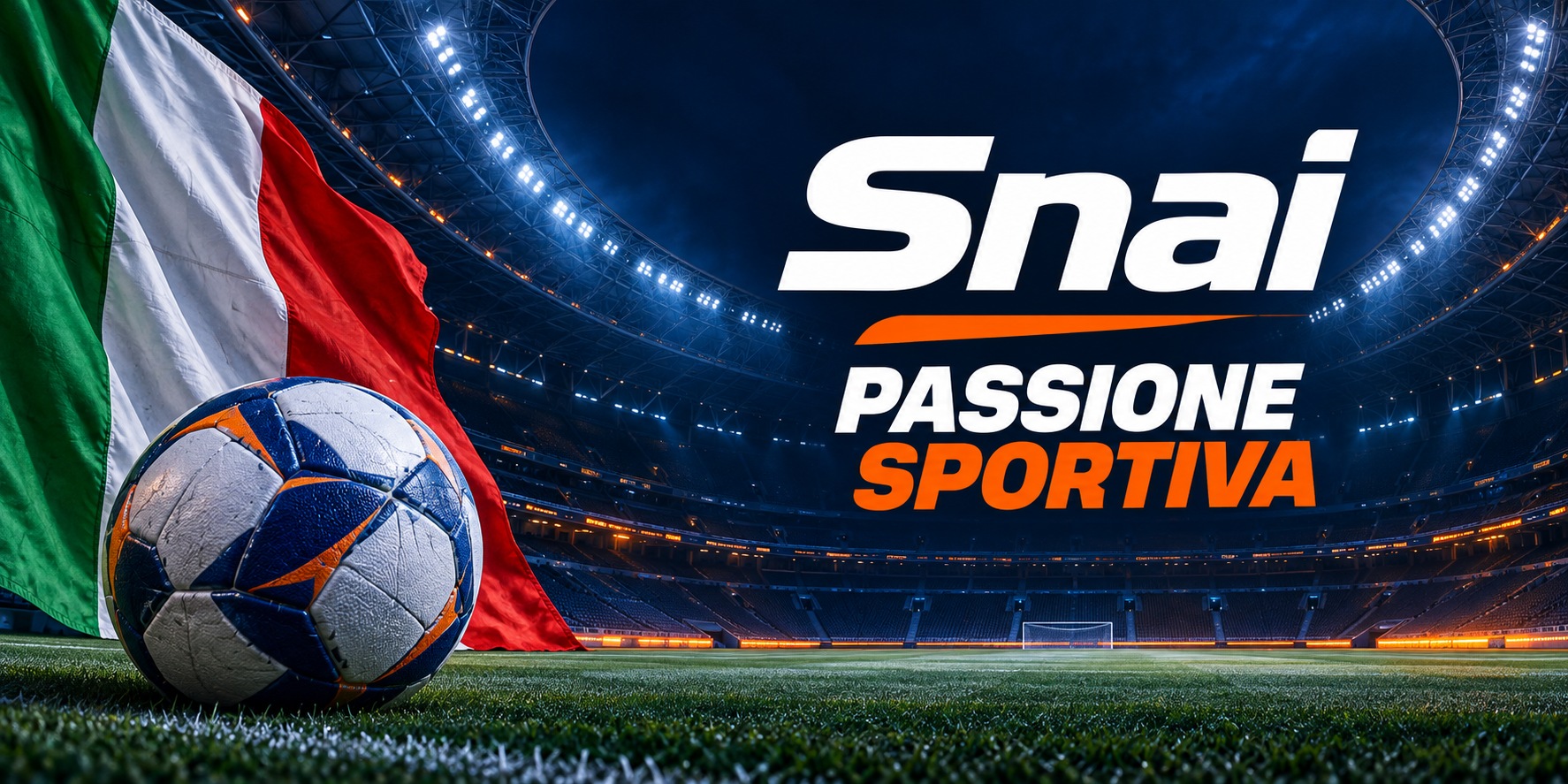 Snai — Passione sportiva. Stadio illuminato, pallone e bandiera italiana.