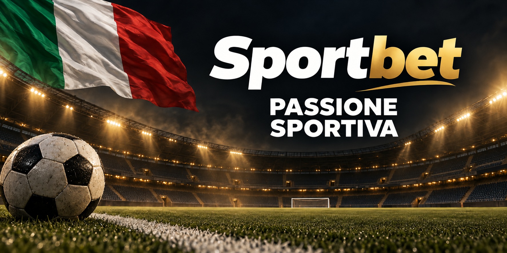 Sportbet — Passione sportiva. Stadio illuminato, pallone e bandiera italiana.