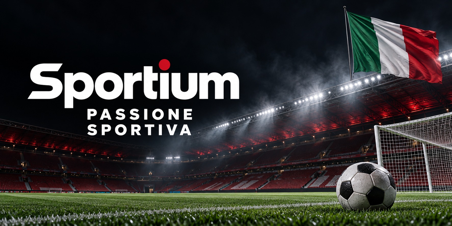 Sportium — Passione sportiva. Stadio illuminato, pallone e bandiera italiana.