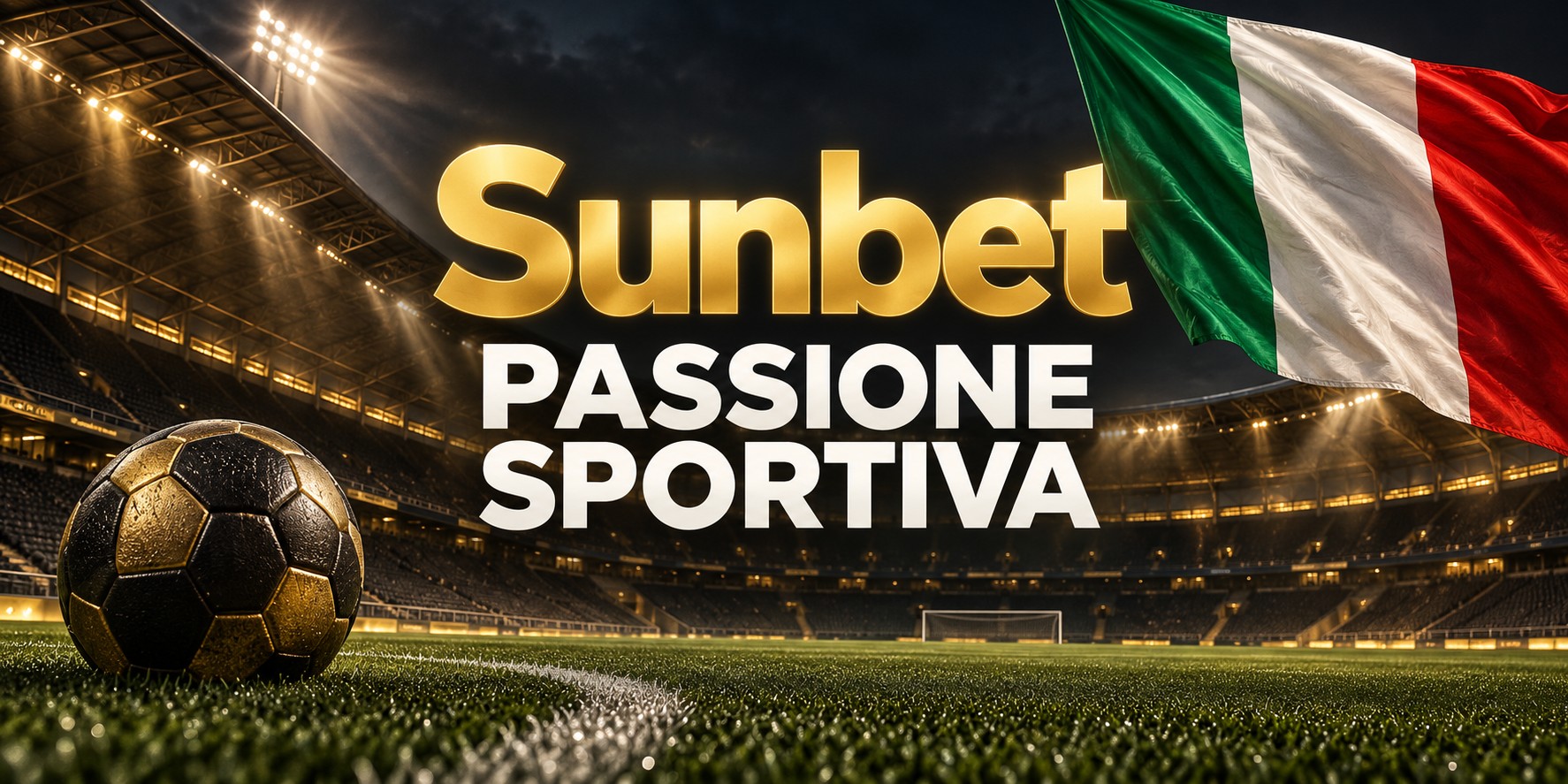 Sunbet — Passione sportiva. Stadio illuminato, pallone e bandiera italiana.