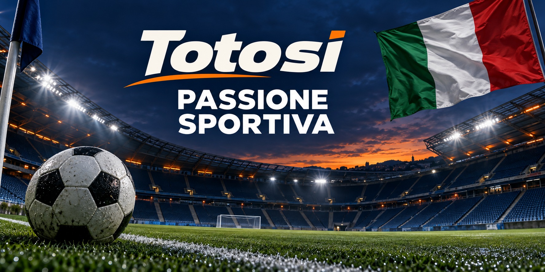 Totosi — Passione sportiva. Stadio illuminato, pallone e bandiera italiana.