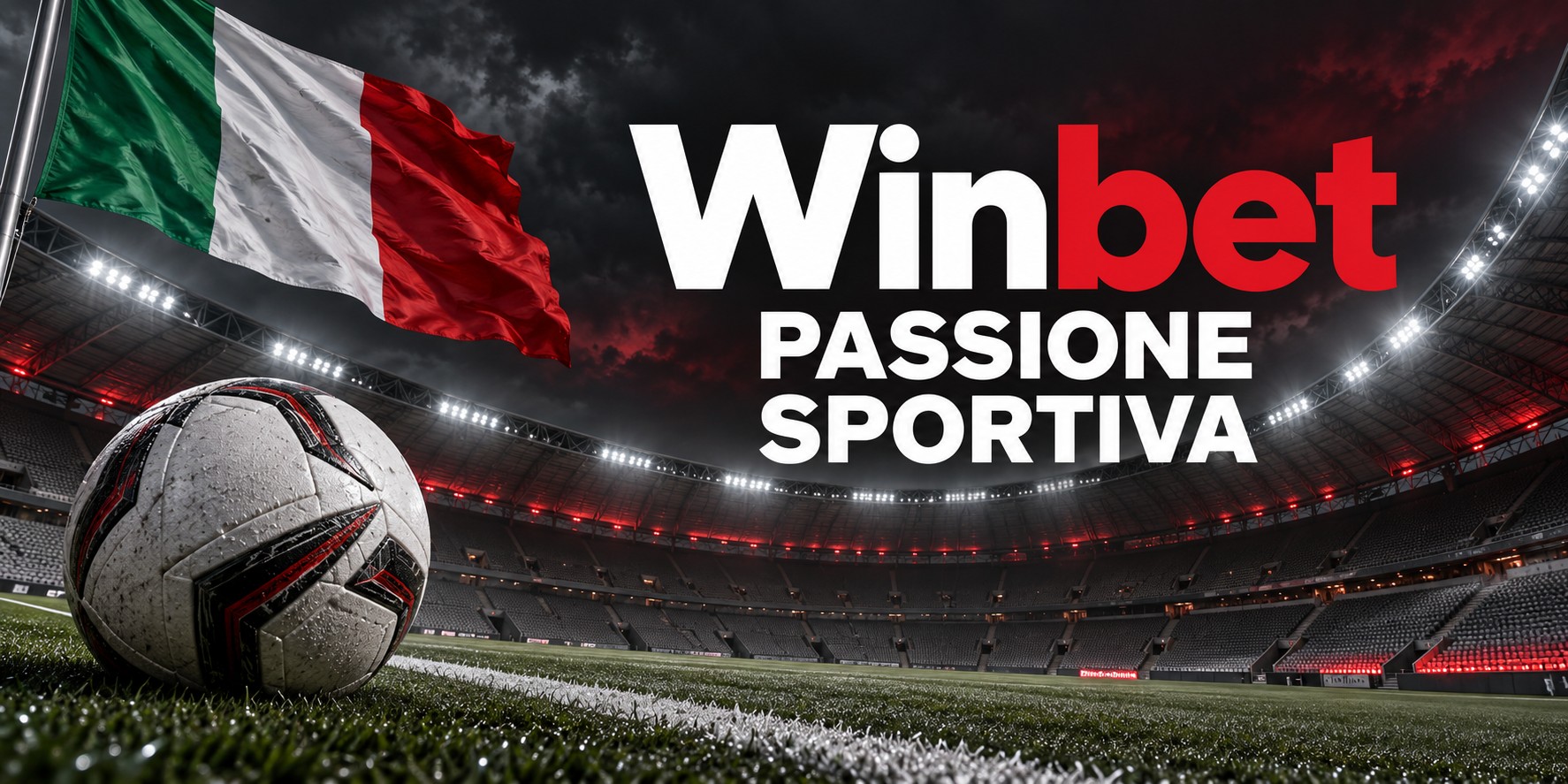 Winbet — Passione sportiva. Stadio illuminato, pallone e bandiera italiana.